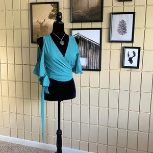 Beautiful teal wrapped off the shoulder top